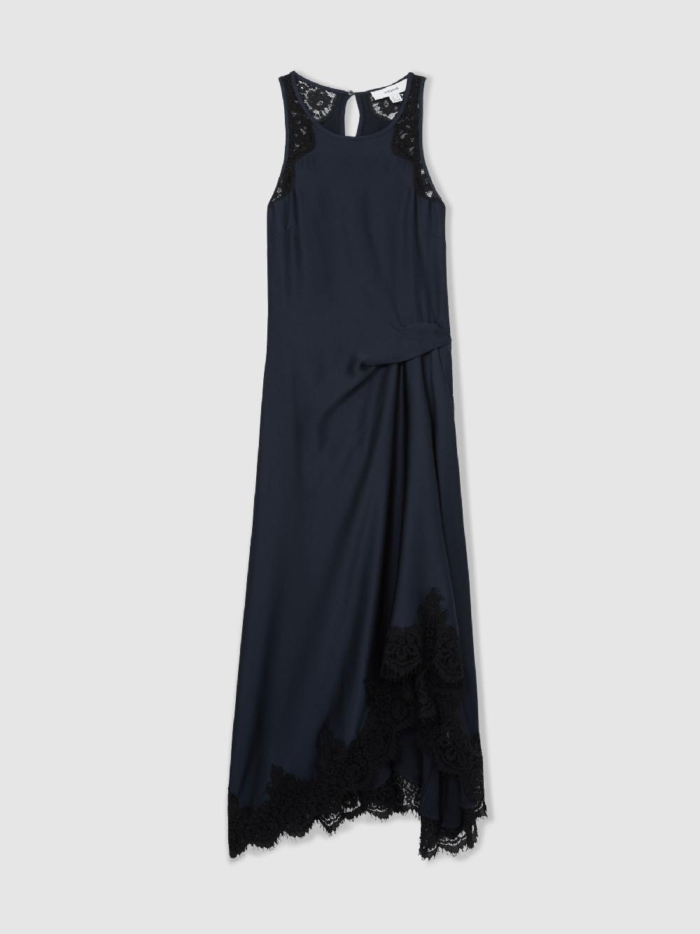 Reiss Satin Drape Lace-Trim Dress In Navy