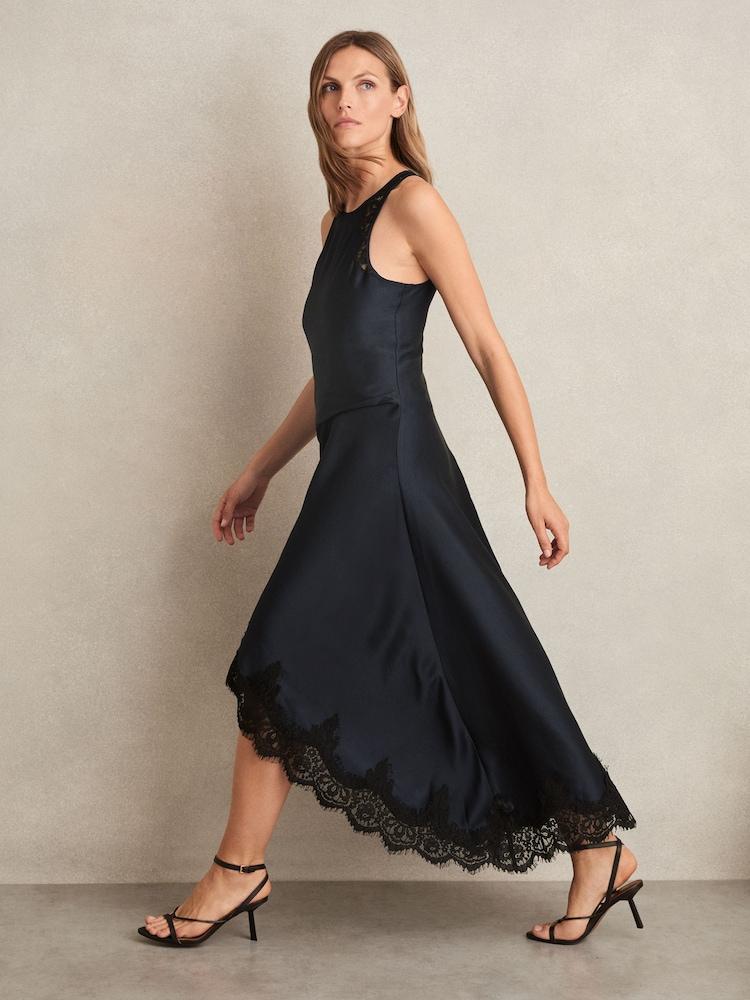 reiss Satin Drape Lace-Trim Dress in Navy