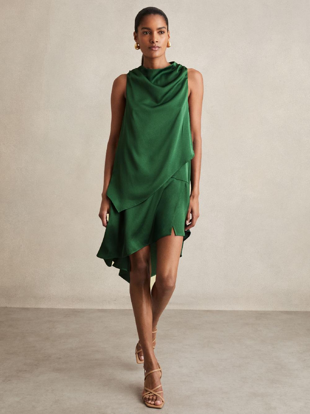 Reiss Satin Drape-Neck Layered Dress In Green