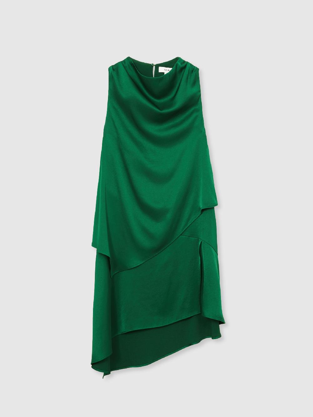 Reiss Satin Drape-Neck Layered Dress In Green
