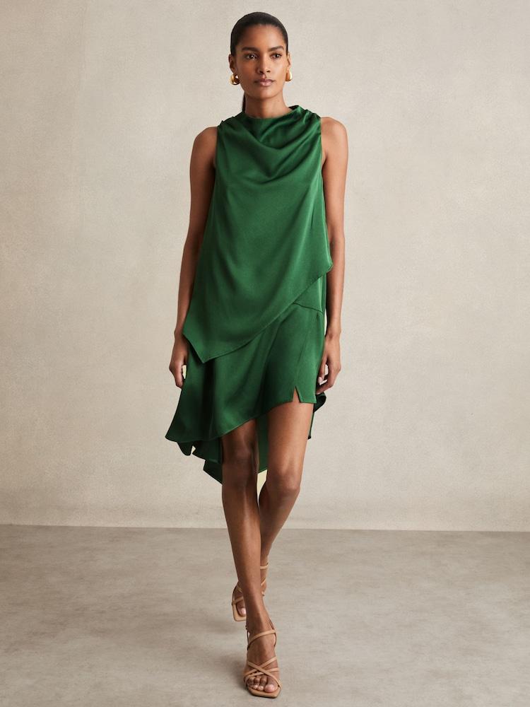 reiss Satin Drape-Neck Layered Dress in Green