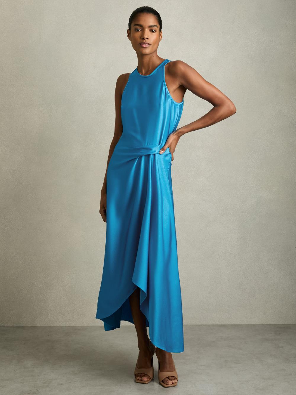 Reiss Satin Drape Tuck Midi Dress In Blue