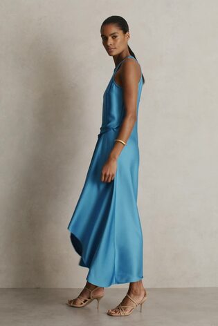 Reiss Satin Drape Tuck Midi Dress In Blue