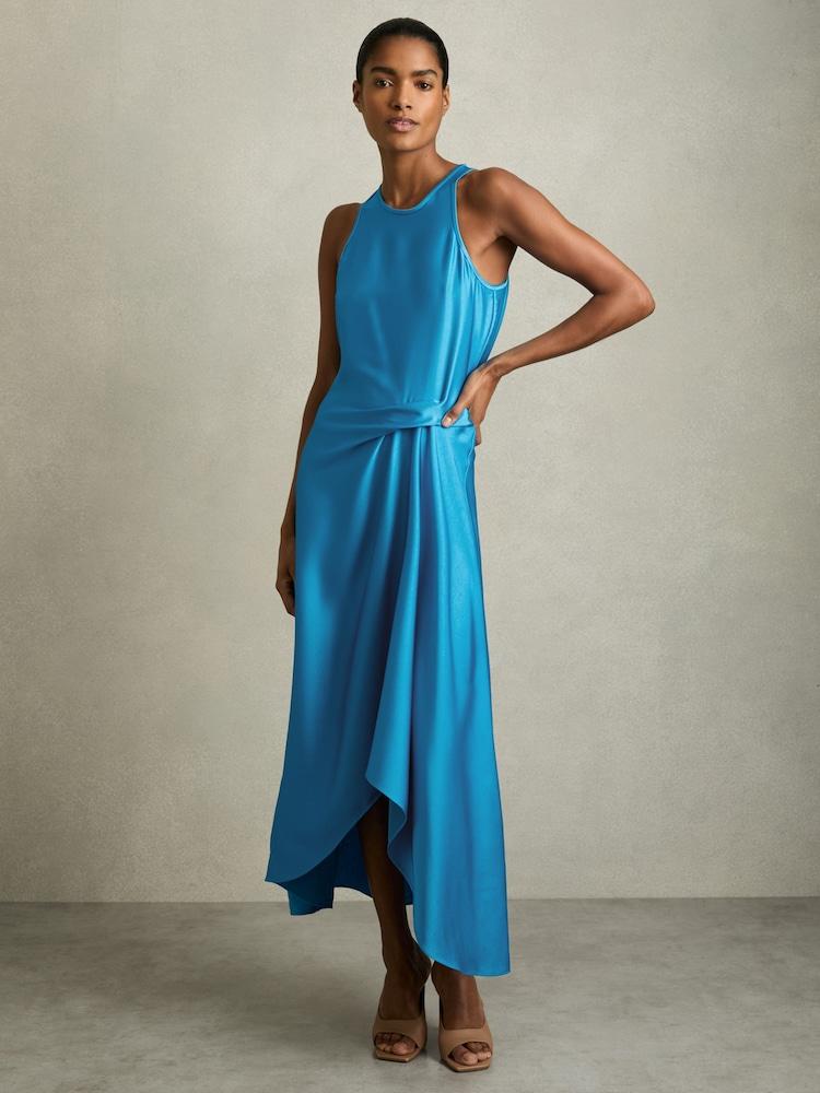 reiss Satin Drape Tuck Midi Dress in Blue