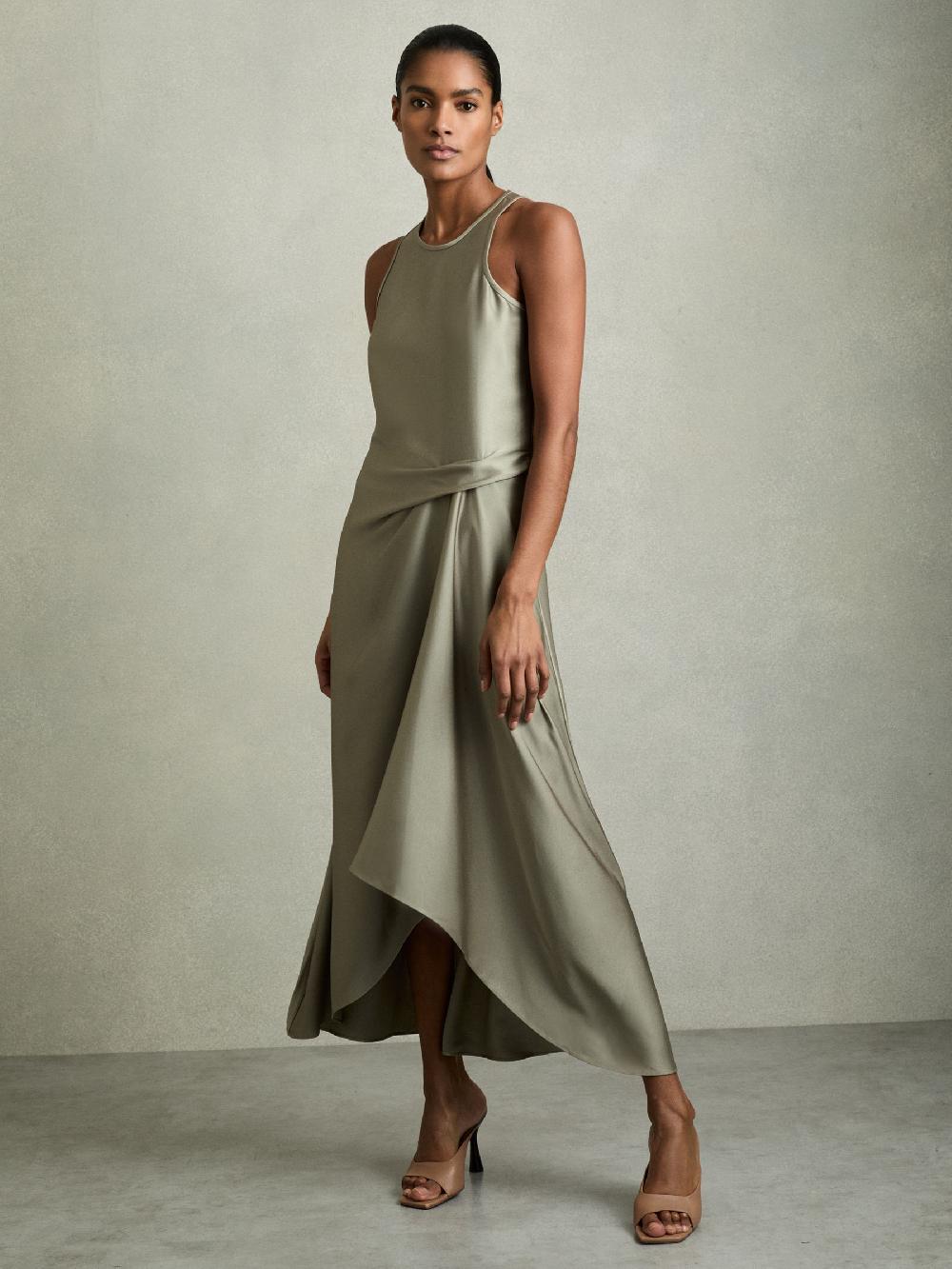 Reiss Satin Drape Tuck Midi Dress In Khaki