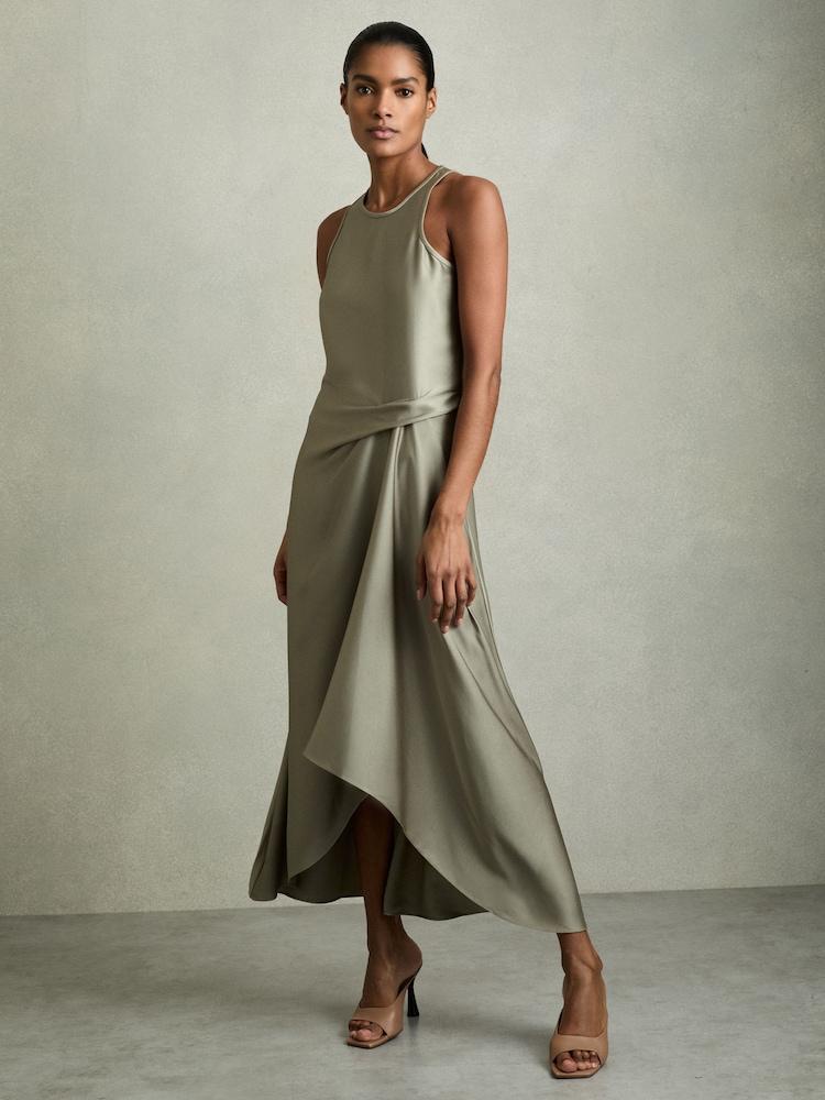 reiss Satin Drape Tuck Midi Dress in Khaki