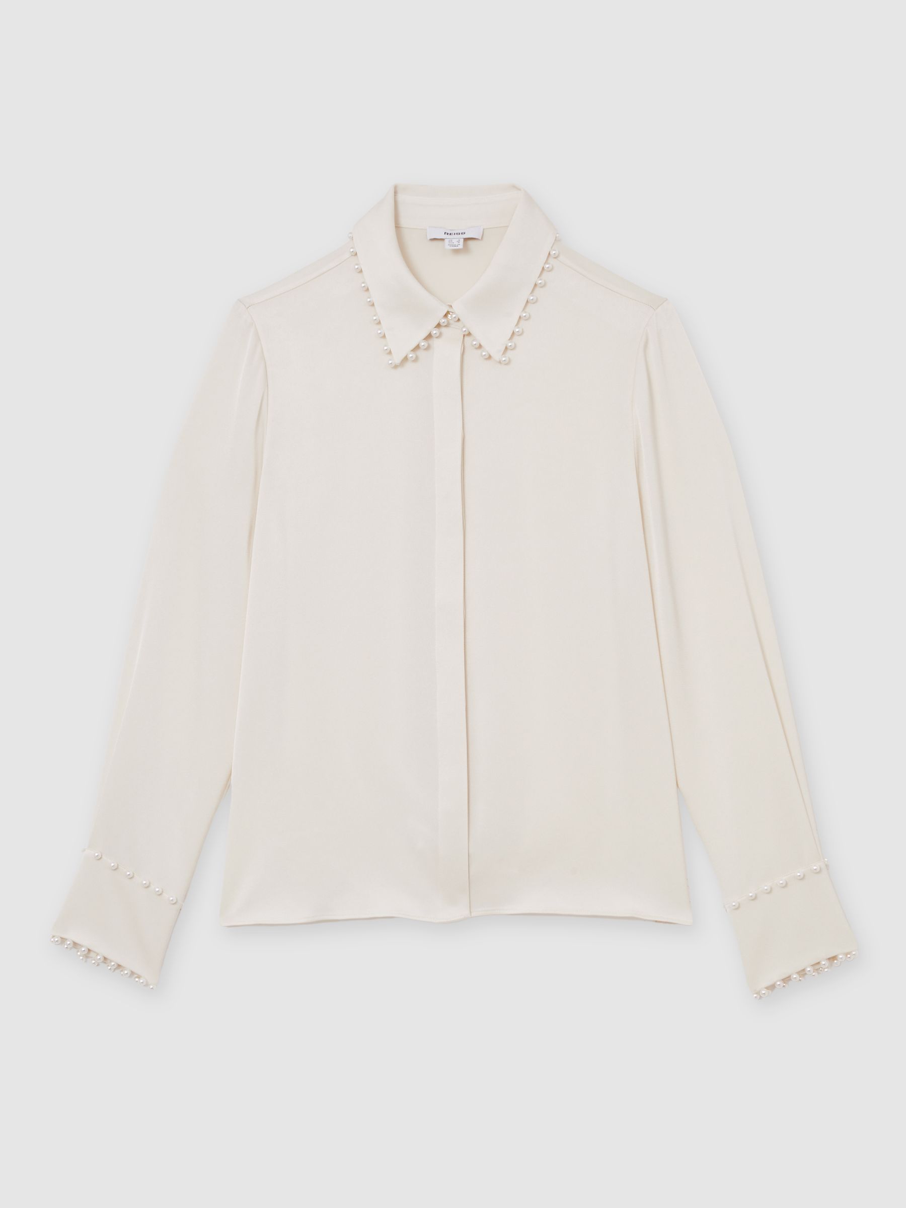 Reiss Satin Faux-Pearl Trim Shirt In Ivory