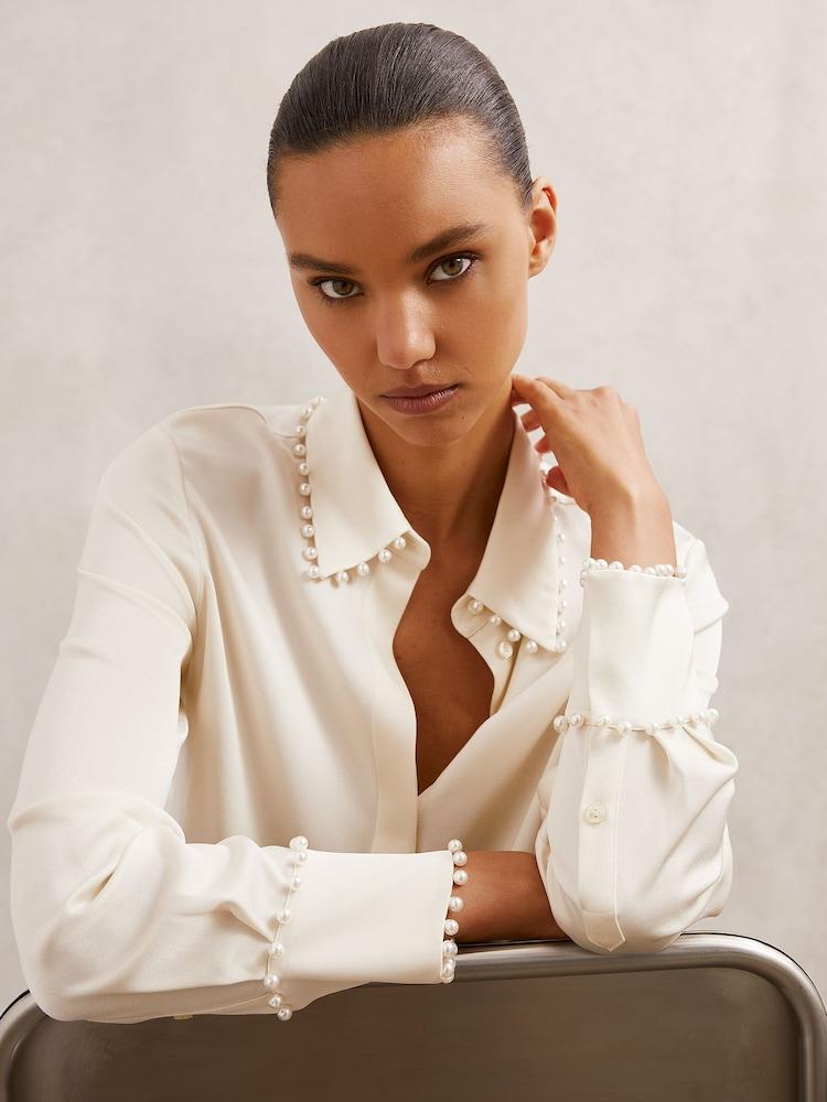 reiss Satin Faux-Pearl Trim Shirt in Ivory
