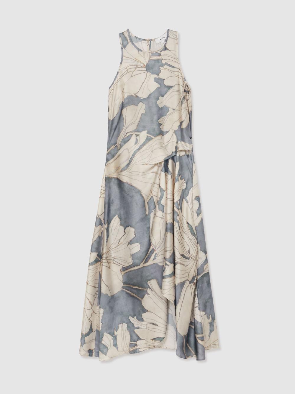 Reiss Satin Floral Drape Midi Dress In Blue