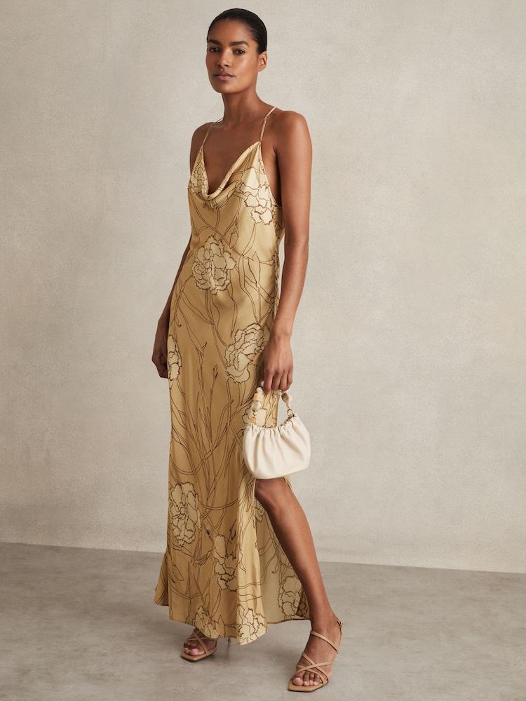 reiss Satin Floral-Print Slip Maxi Dress in Gold