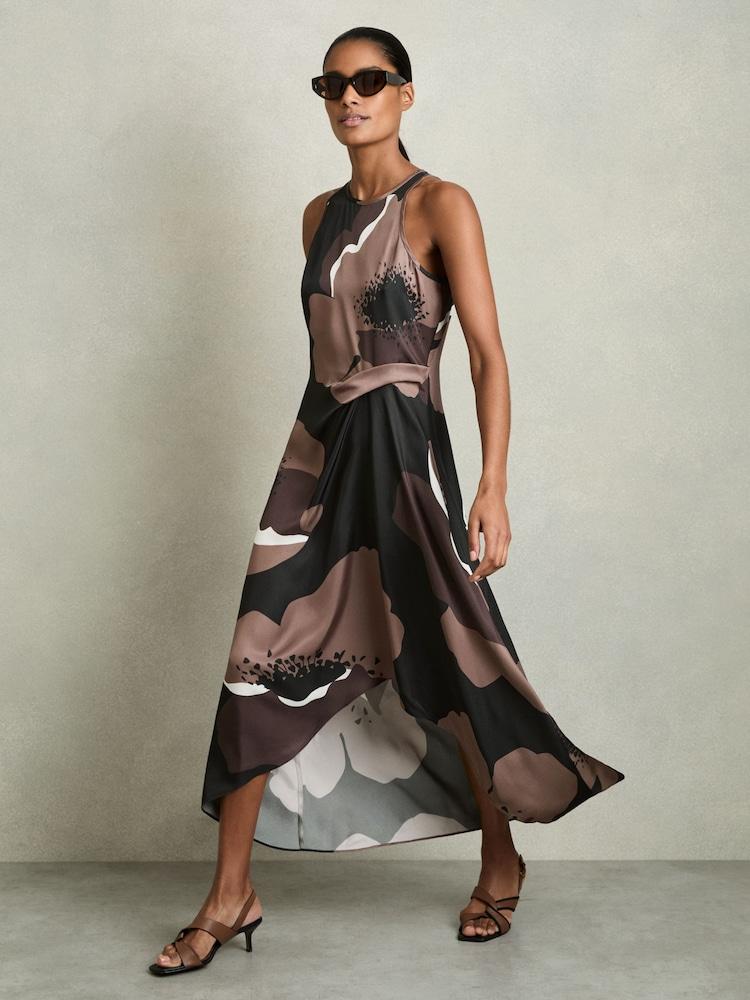 reiss Satin Floral Tuck Midi Dress in Brown