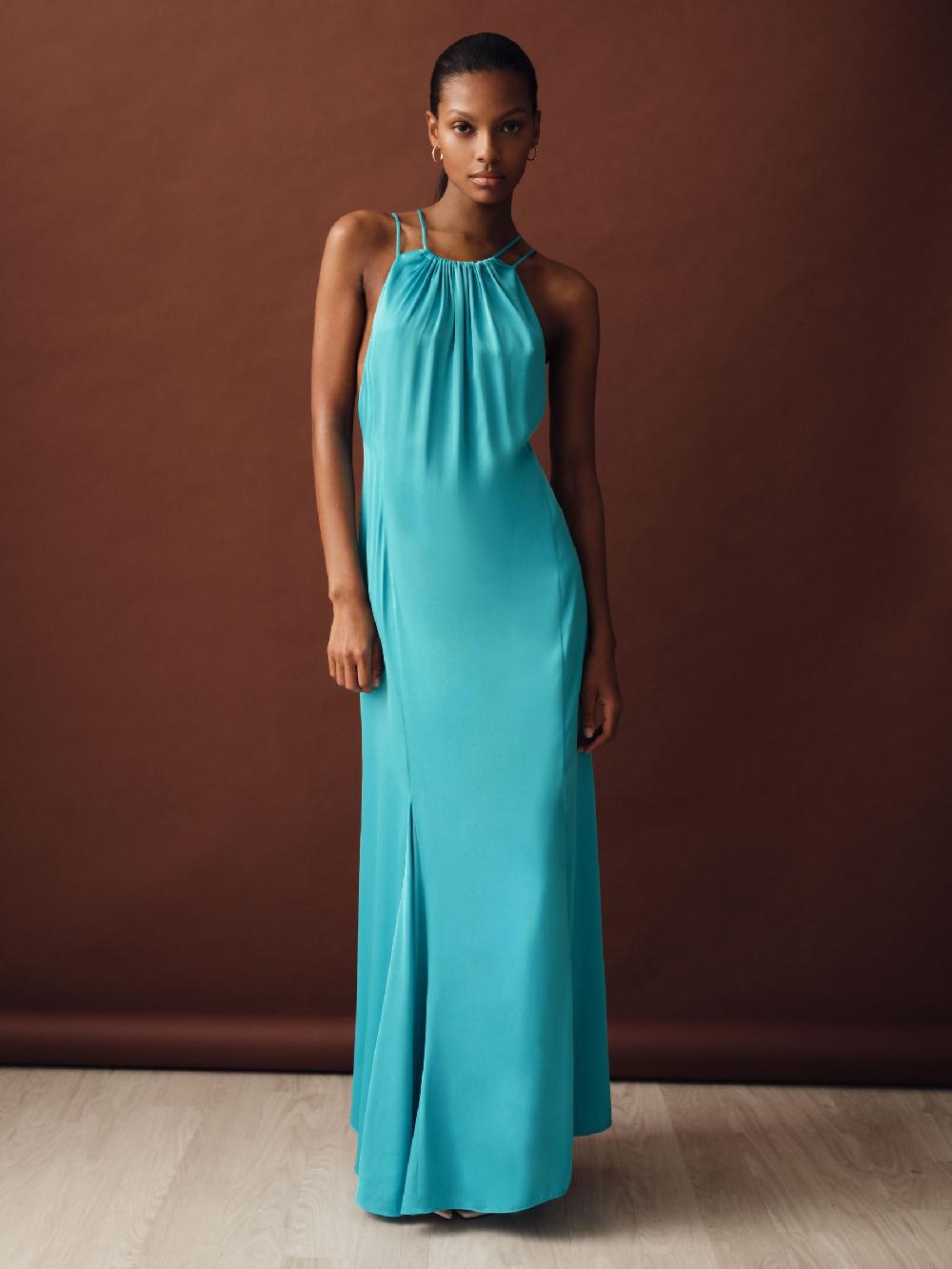 Reiss Satin Halterneck Maxi Dress In Blue