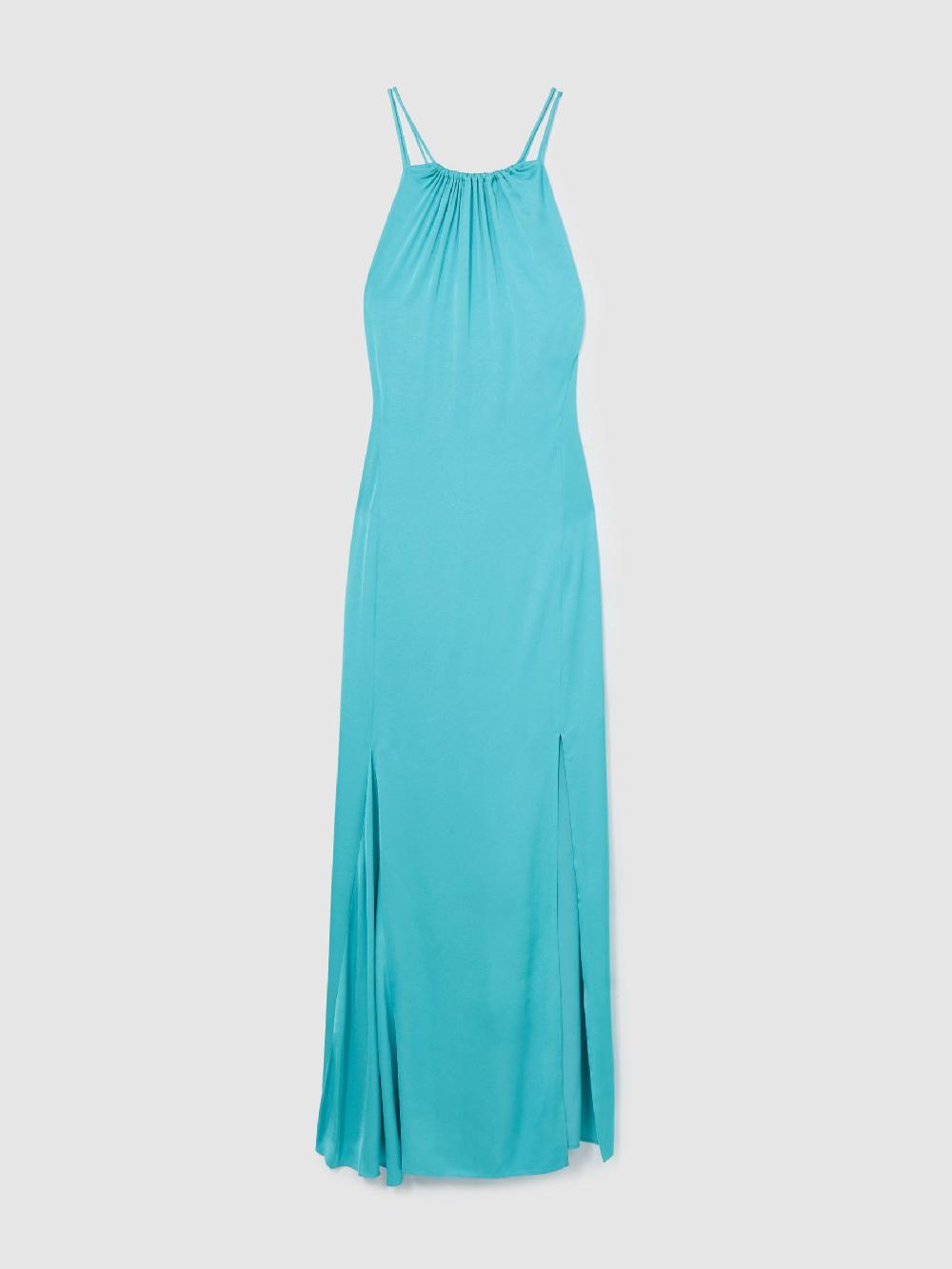 Reiss Satin Halterneck Maxi Dress In Blue