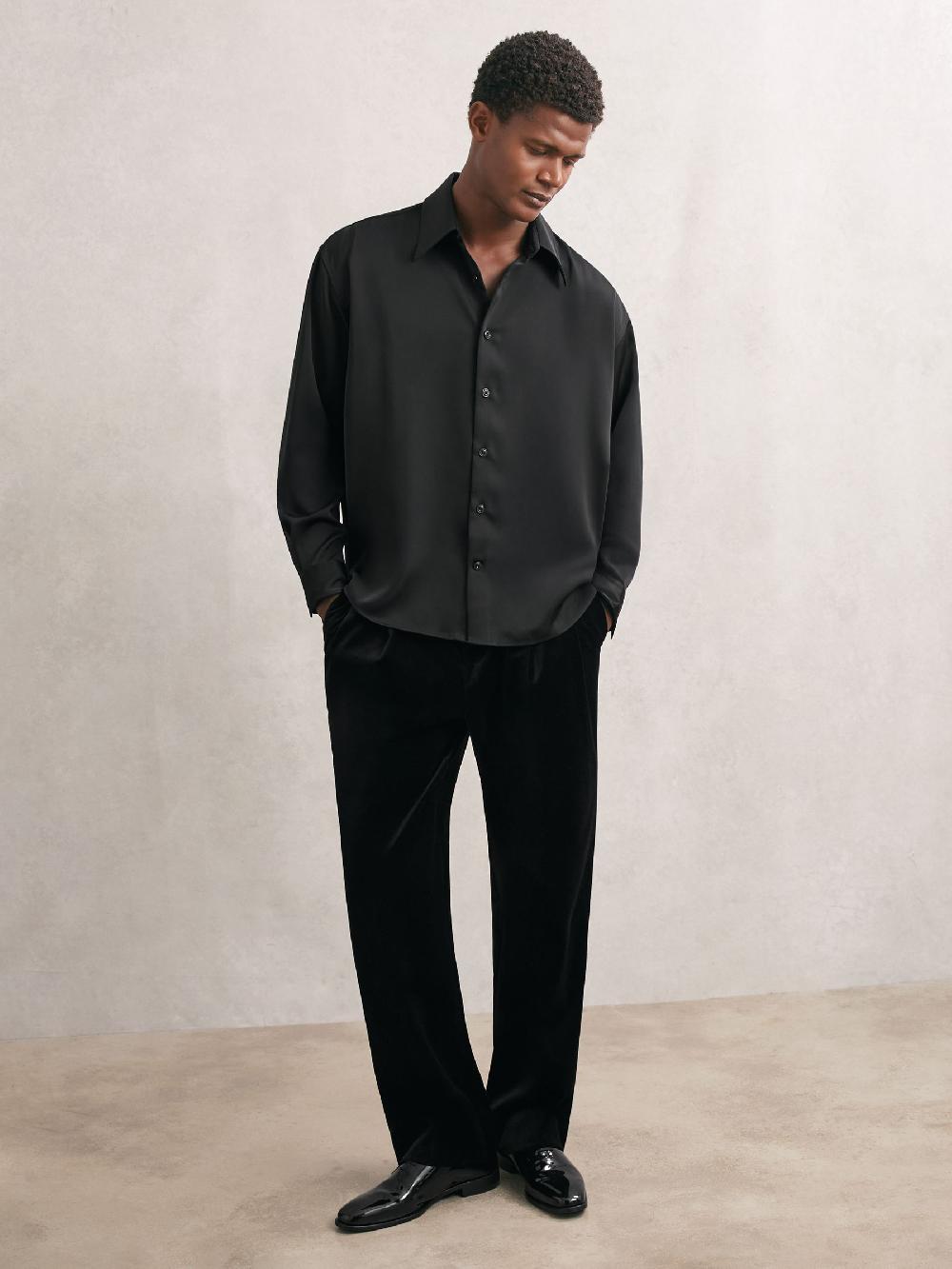 Reiss Satin Long-Sleeve Shirt In Black