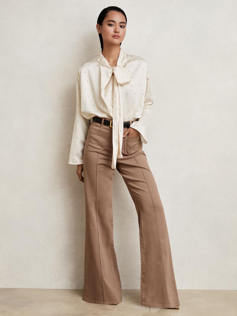 Reiss Satin Polka Dot Tie Neck Blouse In Ivory