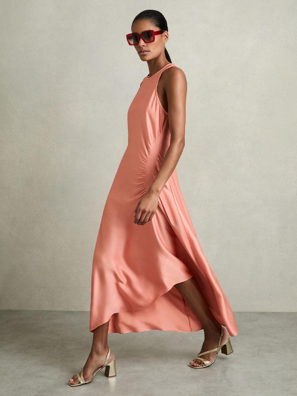 Reiss Satin Shirred Midi Dress In Coral
