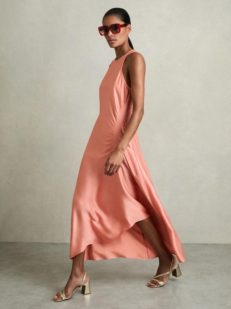 reiss Satin Shirred Midi Dress in Coral