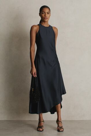 Reiss Satin Shirred Midi Dress In Navy