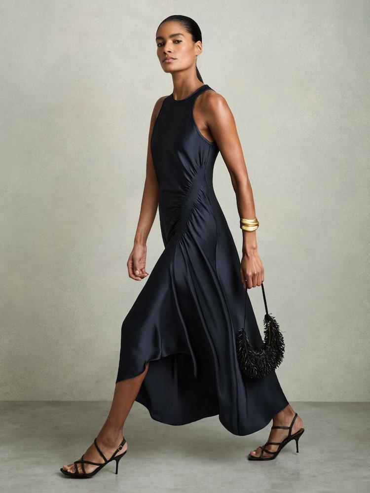 reiss Satin Shirred Midi Dress in Navy