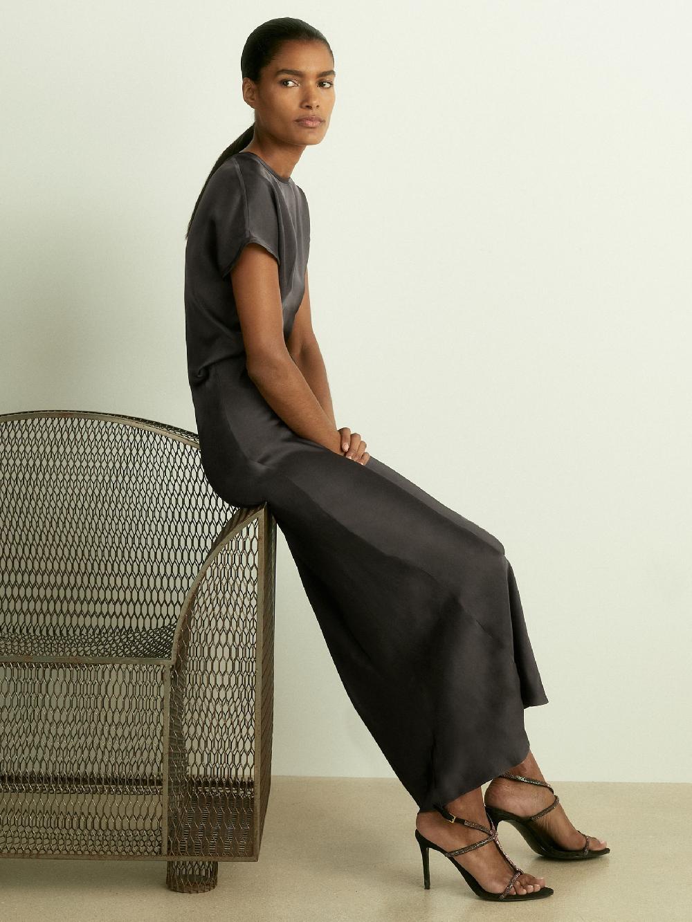 Reiss Satin Short-Sleeve Midi Dress In Charcoal