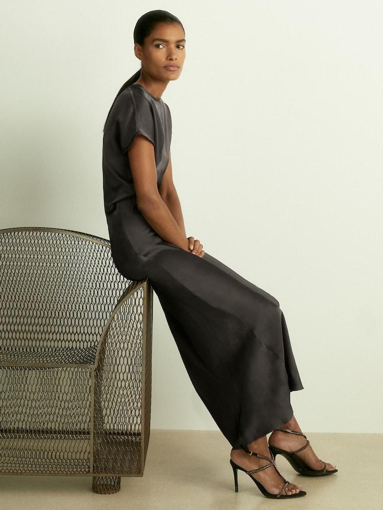 reiss Satin Short-Sleeve Midi Dress in Charcoal