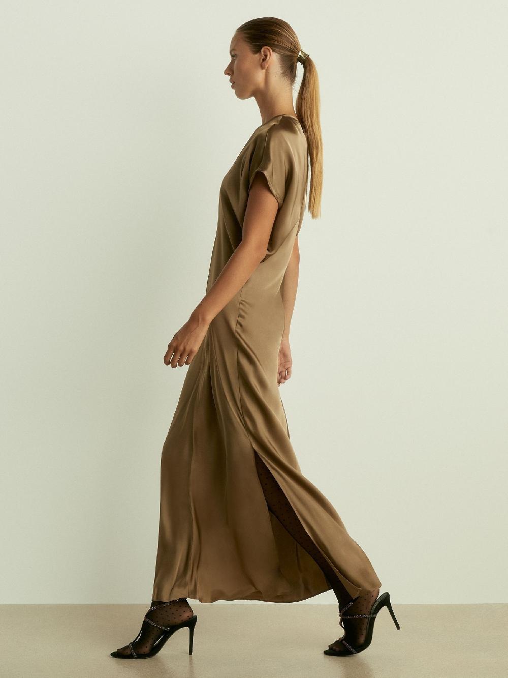Reiss Satin Short-Sleeve Midi Dress In Khaki