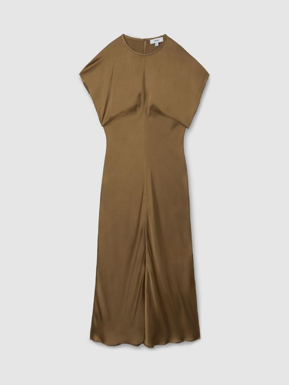 Reiss Satin Short-Sleeve Midi Dress In Khaki