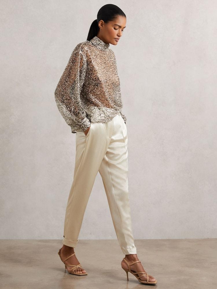 reiss Satin Tapered Trousers in Neutral