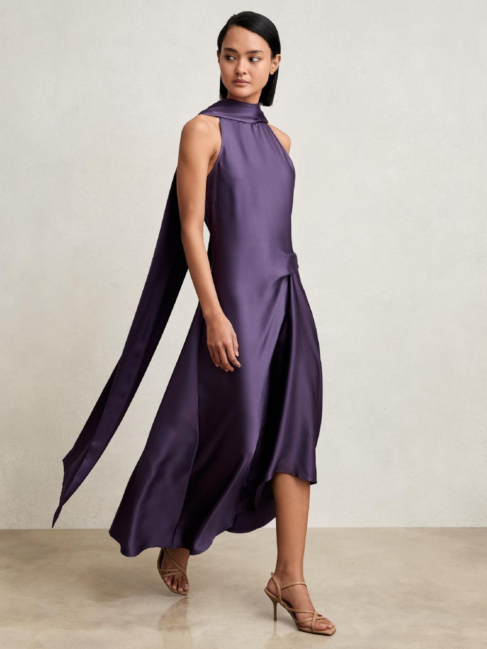 Reiss Satin Tuck-Detail Cape Midi Dress In Purple