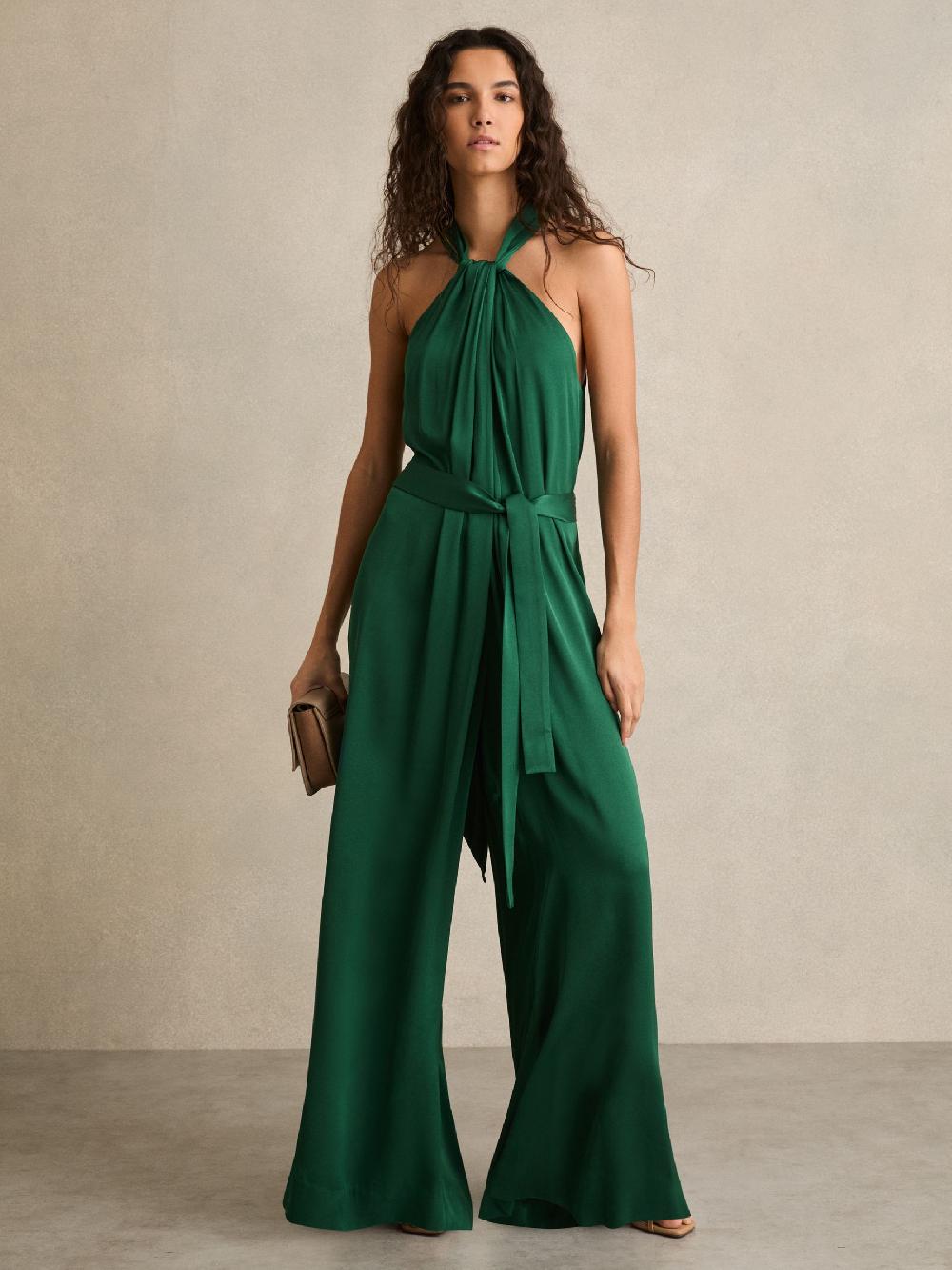 Reiss Satin Wide-Leg Draped Jumpsuit In Green