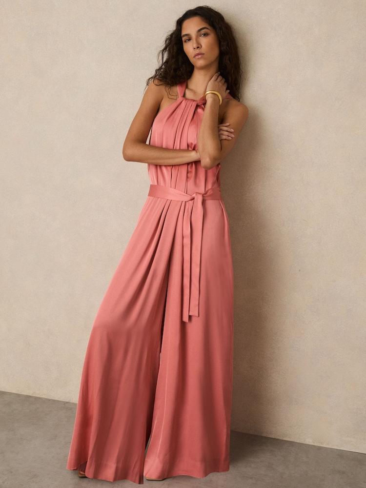 reiss Satin Wide-Leg Draped Jumpsuit in Pink