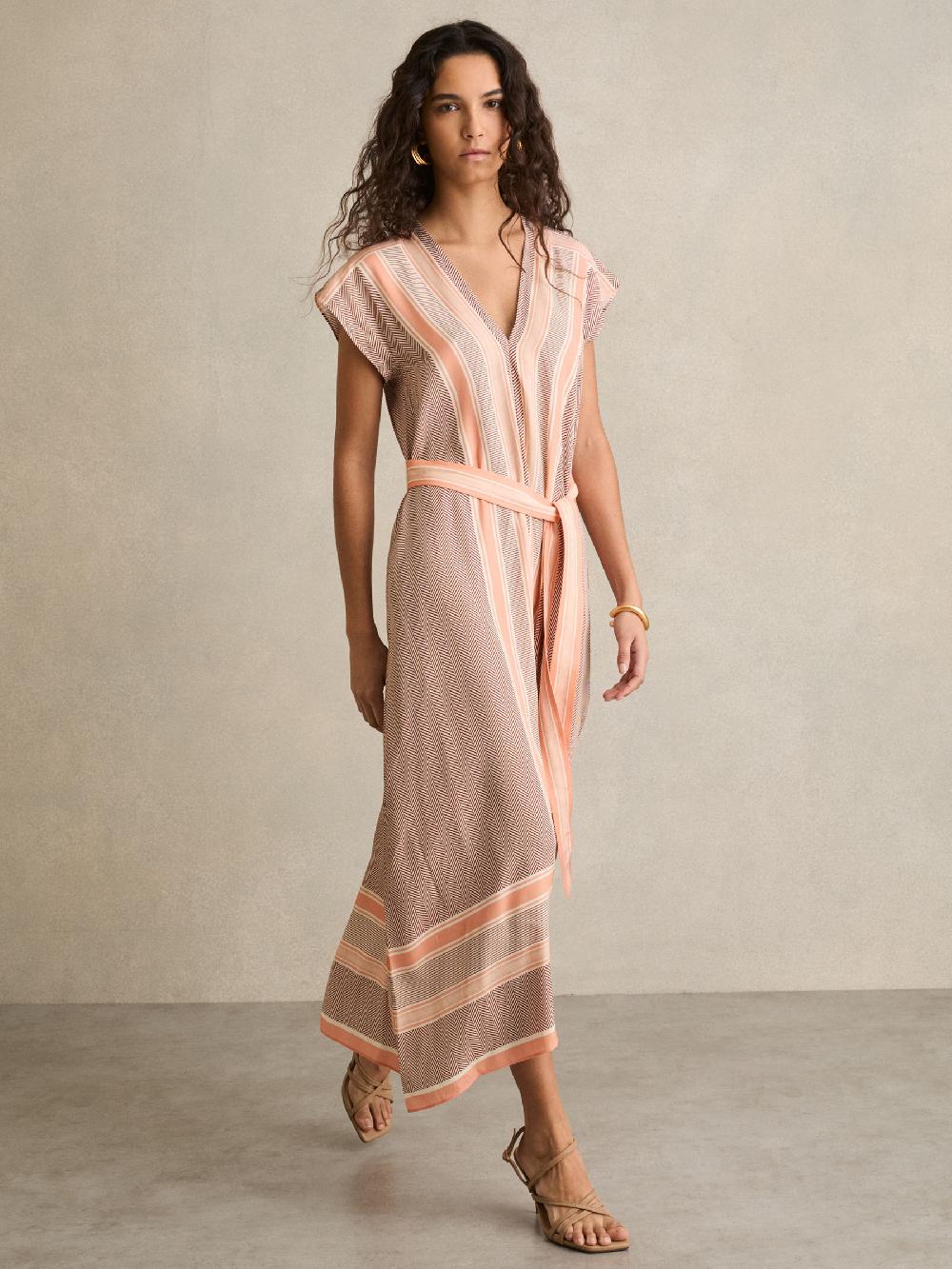 Reiss Scarf Print Belted Midi Dress In Coral