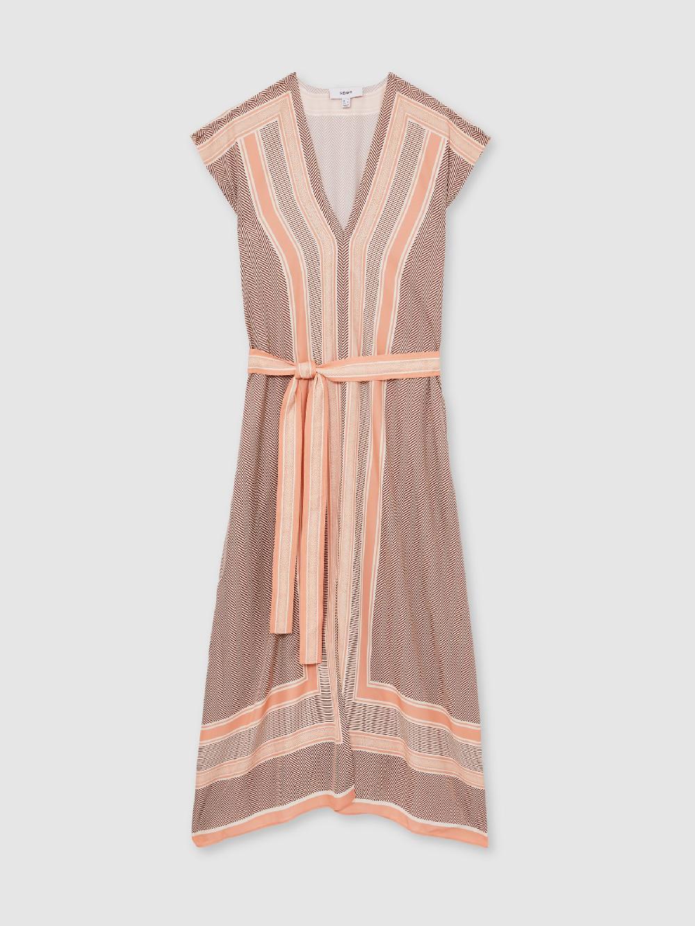 Reiss Scarf Print Belted Midi Dress In Coral