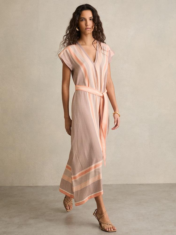reiss Scarf Print Belted Midi Dress in Coral