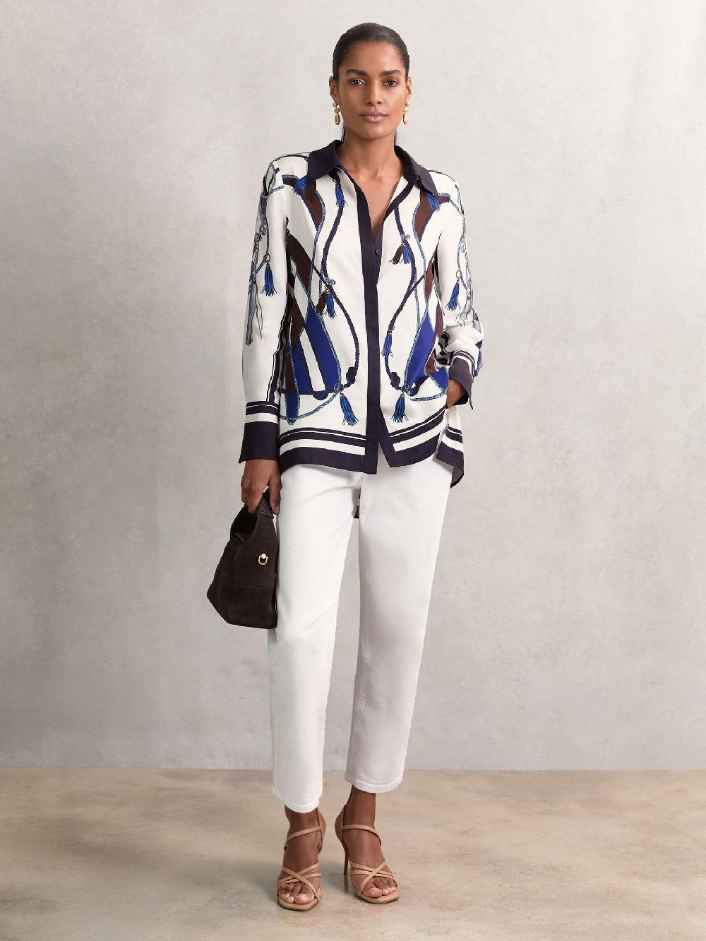 Reiss Scarf Print Colourblock Shirt In Navy