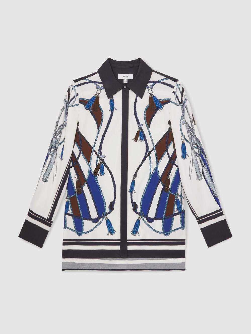 Reiss Scarf Print Colourblock Shirt In Navy