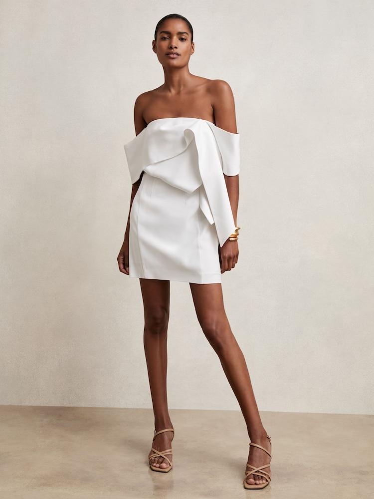 reiss Sculptural Off-Shoulder Mini Dress in Ivory