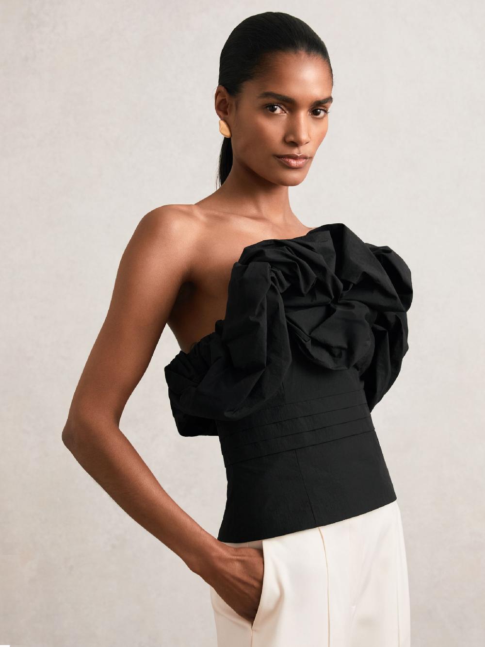 Reiss Sculptural Strapless Top In Black