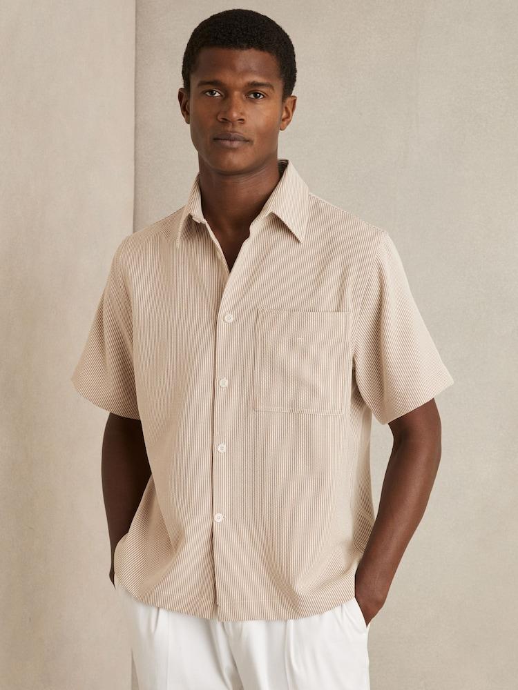 reiss Seersucker Stripe Shirt in Oatmeal/White