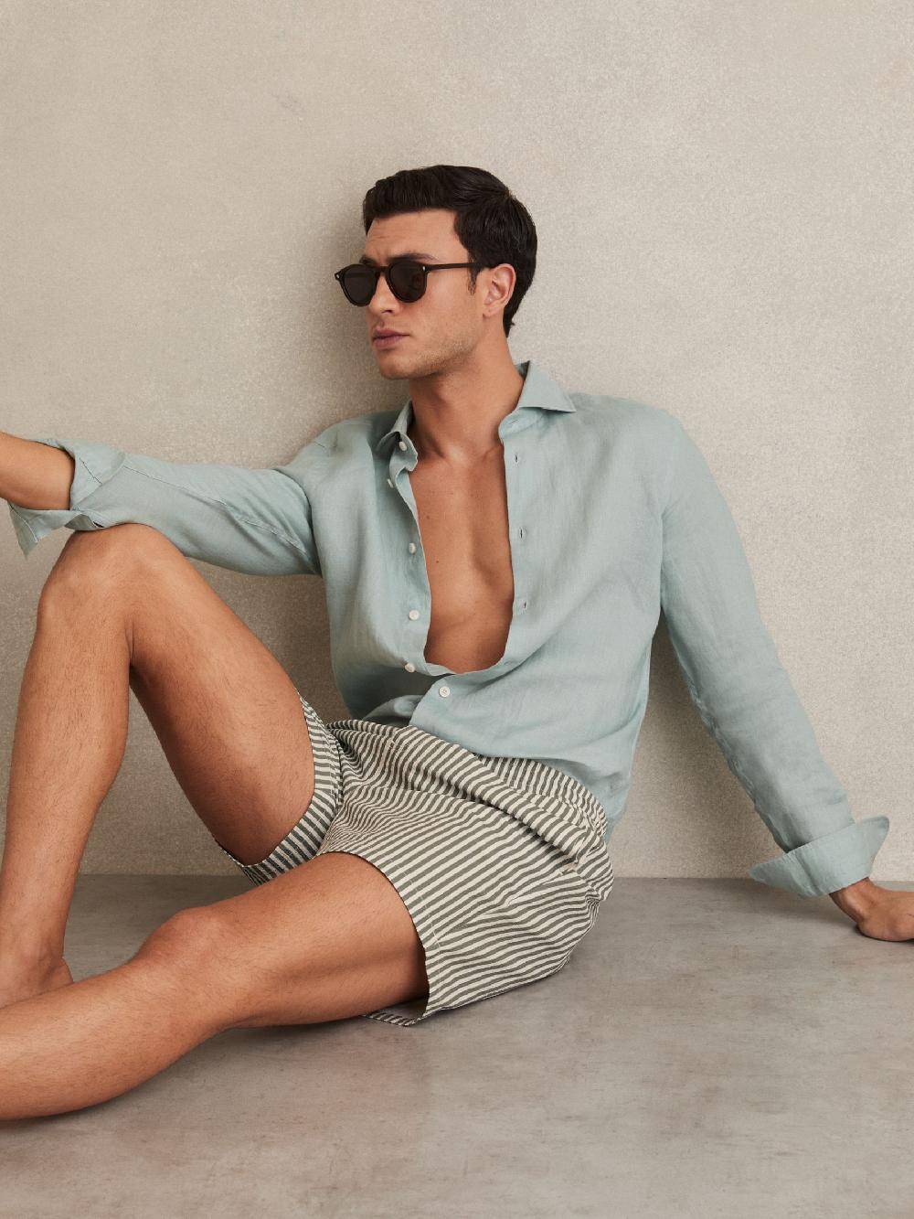 Reiss Seersucker Stripe Swim Shorts In Sage/White