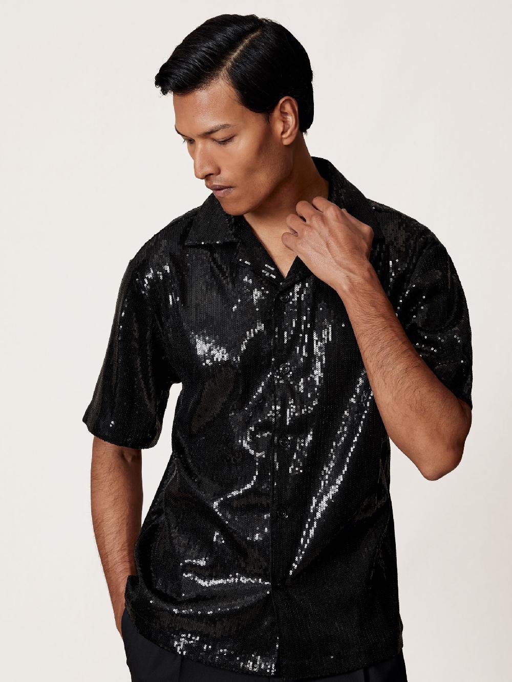Reiss Sequin Cuban-Collar Shirt In Black