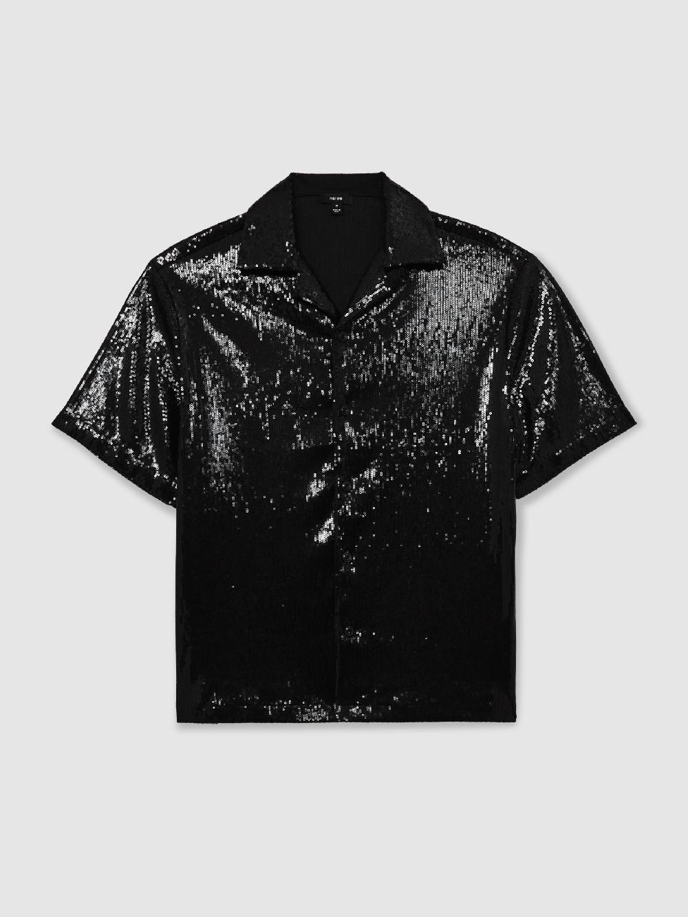 Reiss Sequin Cuban-Collar Shirt In Black