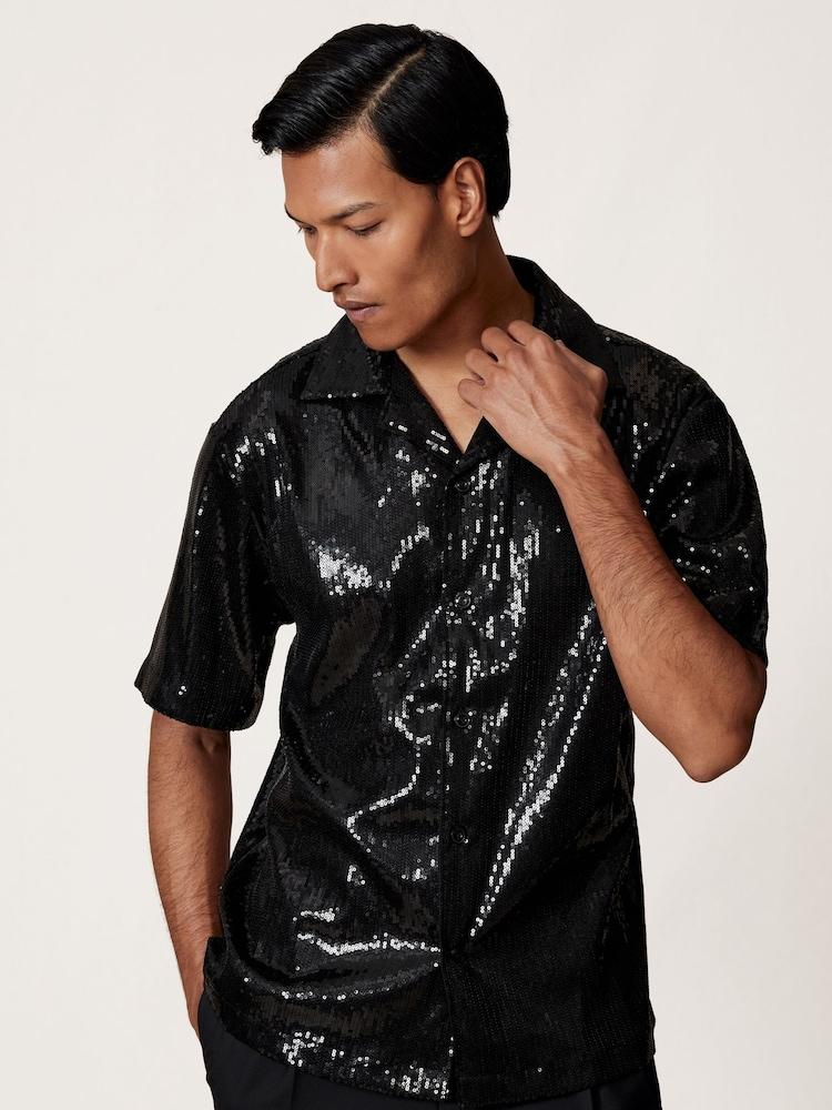 reiss Sequin Cuban-Collar Shirt in Black