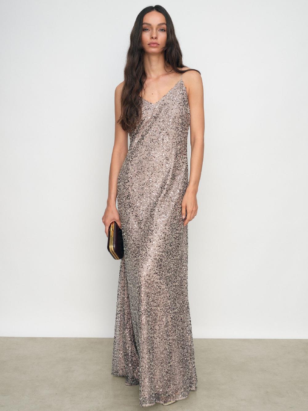 Reiss Sequin Maxi Slip Dress In Silver