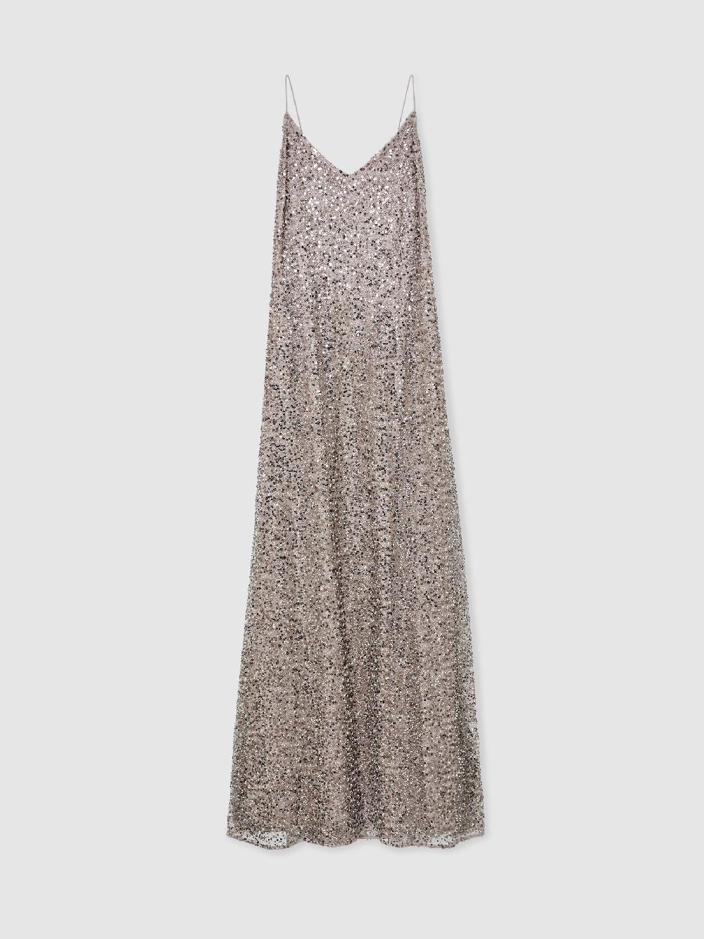 Reiss Sequin Maxi Slip Dress In Silver