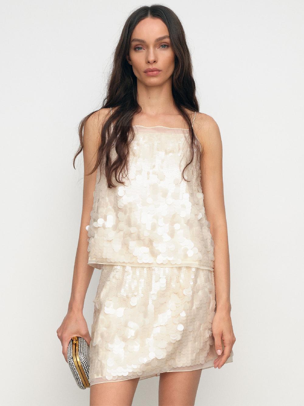 Reiss Sequin Mini Skirt In Cream