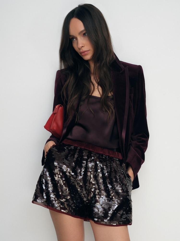 reiss Sequin Shorts in Burgundy