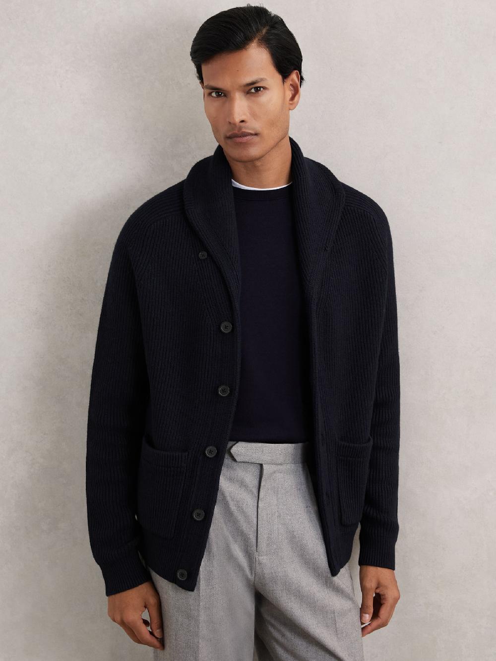 Reiss Shawl-Collar Cardigan With Wool In Navy
