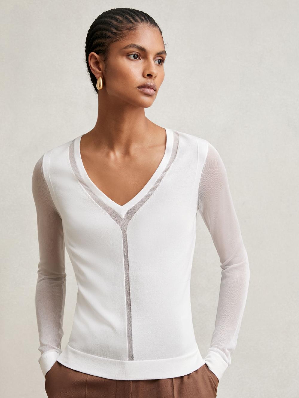 Reiss Sheer-Detail V-Neck Top In White