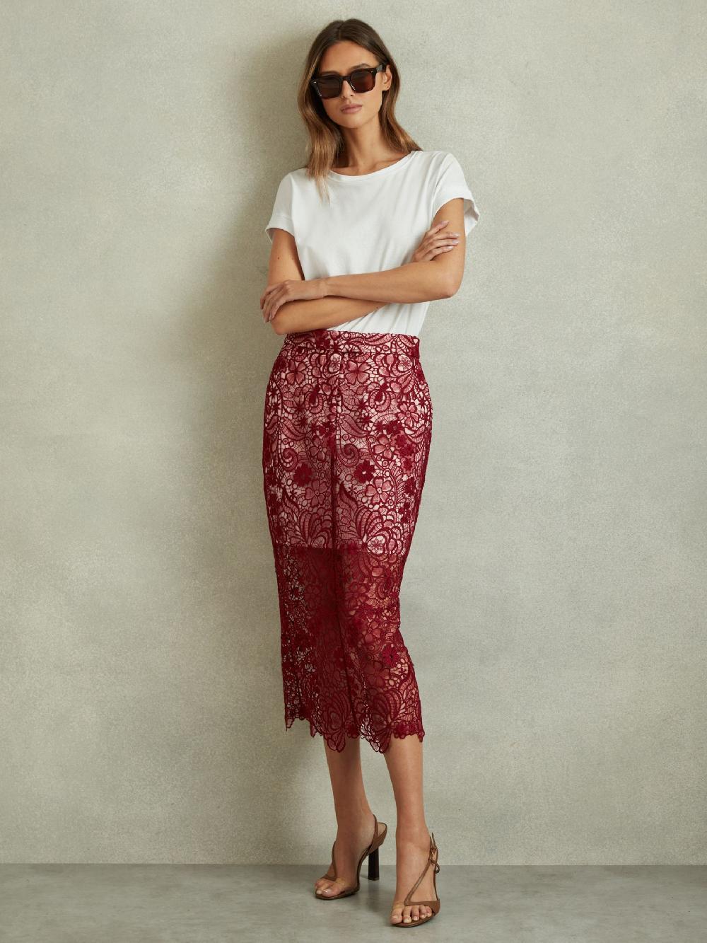 Reiss Sheer Lace Midi Pencil Skirt In Burgundy